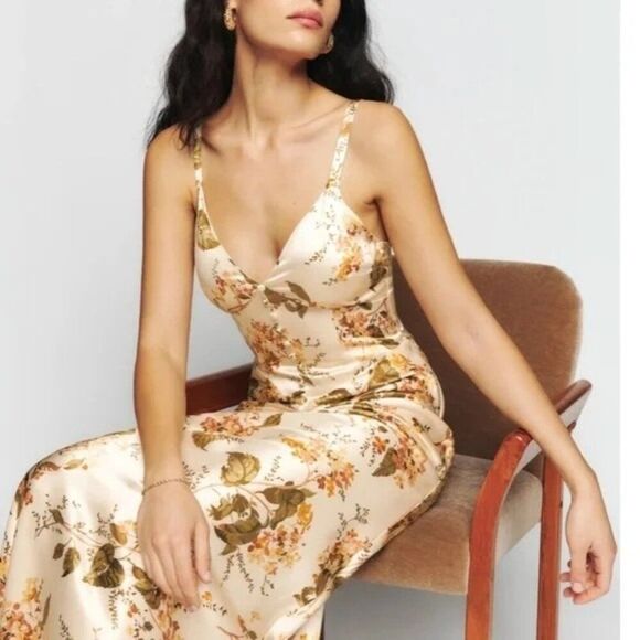 Reformation Esa Silk Dress Size 8 Bella Tan Floral Maxi V Neck Gown - Picture 2 of 10